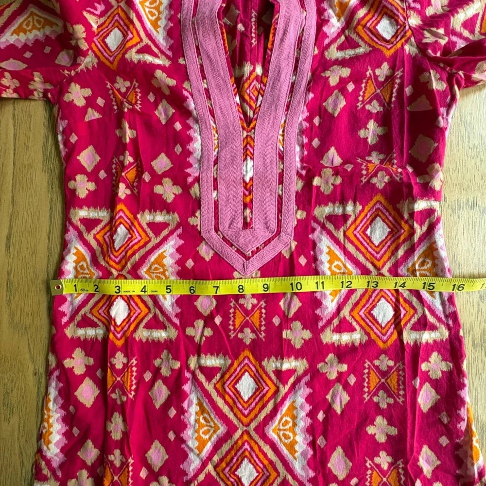 $349‎ TORY BURCH 0/XS Pink Ikat Geometric Cotton Tunic Dress Long Sleeve Resort
